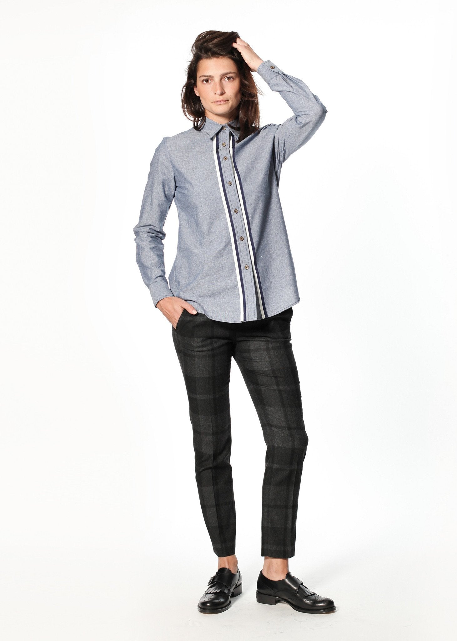 Chambray Boyfriend Shirt in Blue|women's button-ups[option1]|[option2]|[option3] - hello