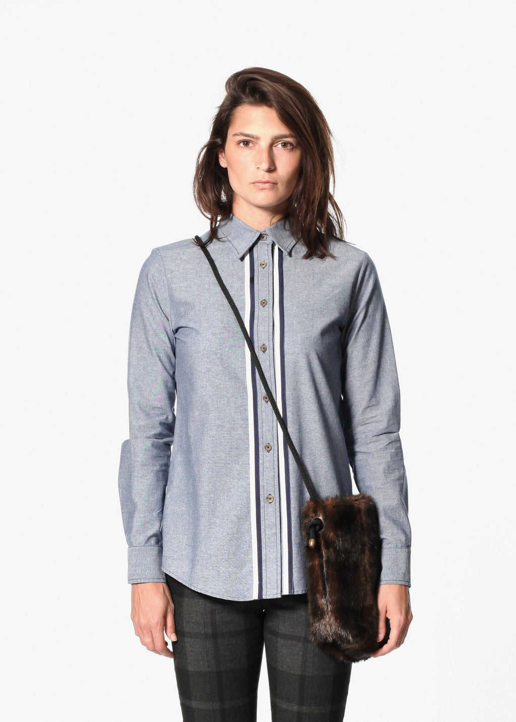 Chambray Boyfriend Shirt in Blue|women's button-ups[option1]|[option2]|[option3] - hello