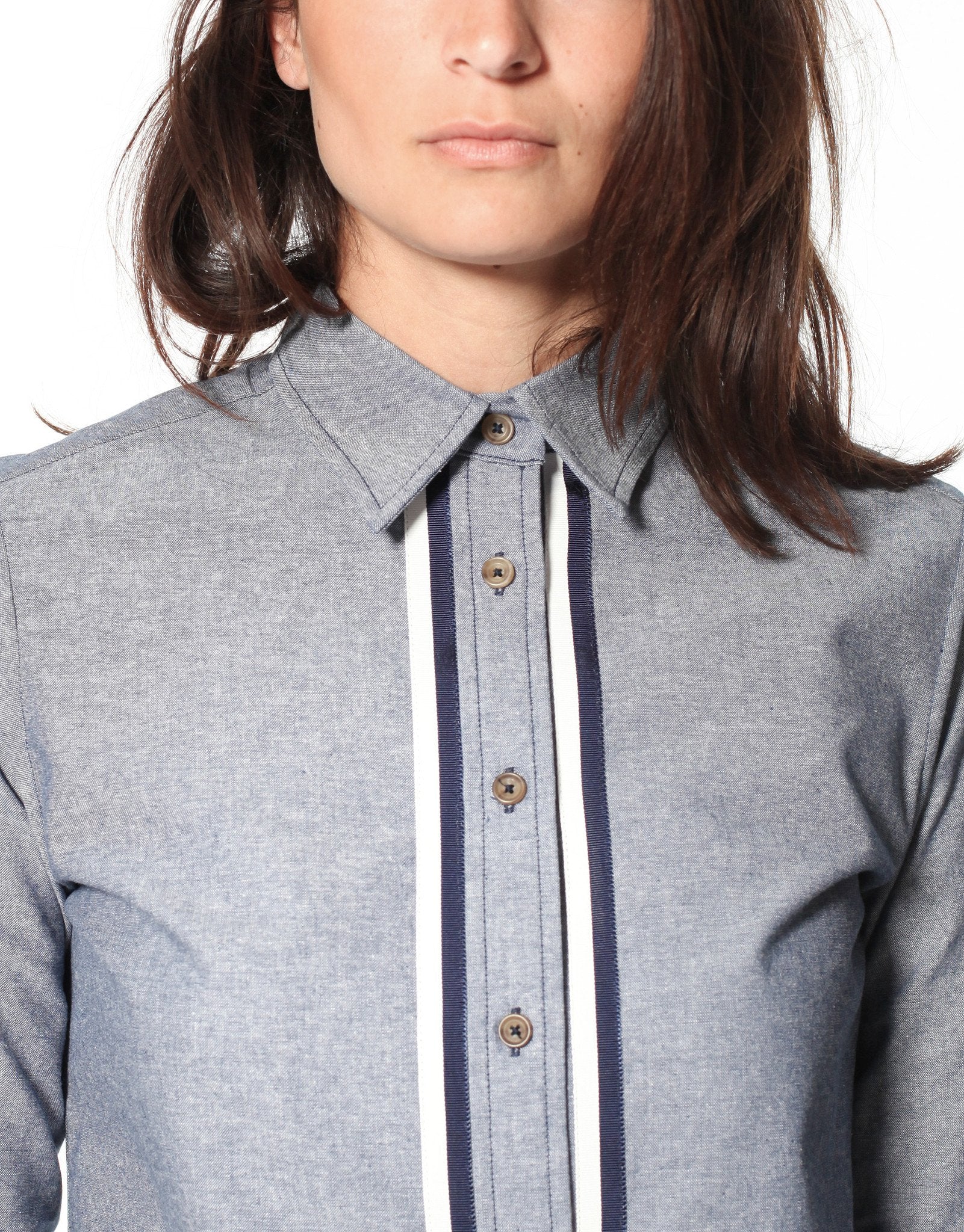 Chambray Boyfriend Shirt in Blue|women's button-ups[option1]|[option2]|[option3] - hello