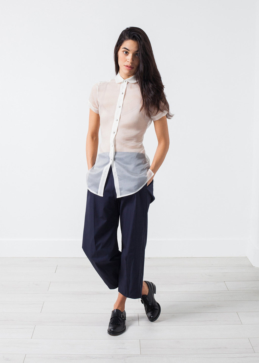 Sheer Button-Up Blouse in Ivory|women's button-ups[option1]|[option2]|[option3] - hello